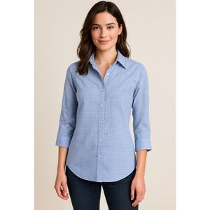 Ralph Lauren Gingham 3/4 Sleeve Button Down Shirt in Light Blue and White